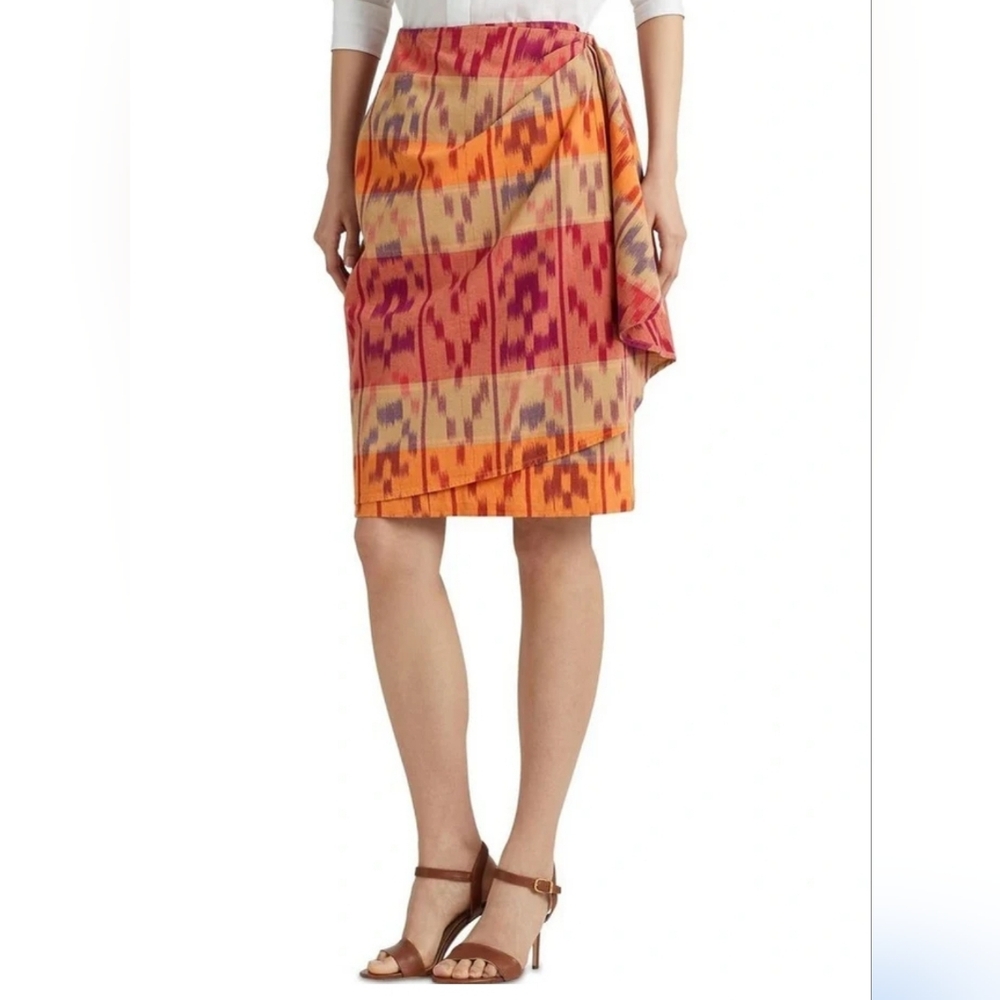 Ralph Lauren NWT $145.00 Women's Geo Motif Cotton Linen Wrap Skirt Red